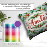 Custom Name Watercolor Christmas Wreath Pine Red Berries Festive Square Filled Cushion Throw Pillow Sofa Bed Home Decor Zip Washable UK Made