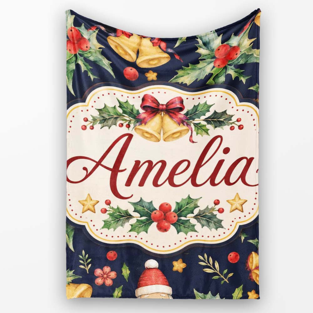 Christmas Bells Holly Leaves Gift Boxes Festive Dark Seamless Lovely  Personalised Custom Name Super Soft Fleece Blanket Bed Sofa Throw