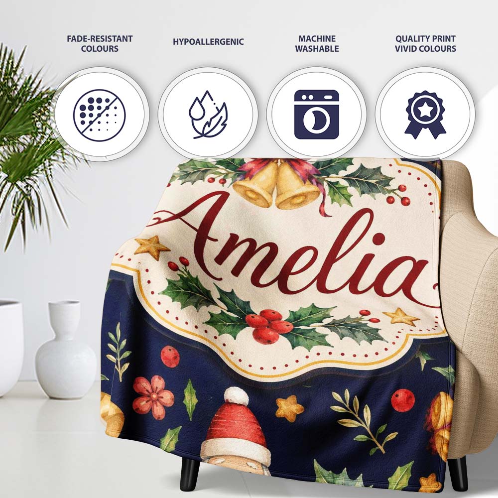 Christmas Bells Holly Leaves Gift Boxes Festive Dark Seamless Lovely  Personalised Custom Name Super Soft Fleece Blanket Bed Sofa Throw