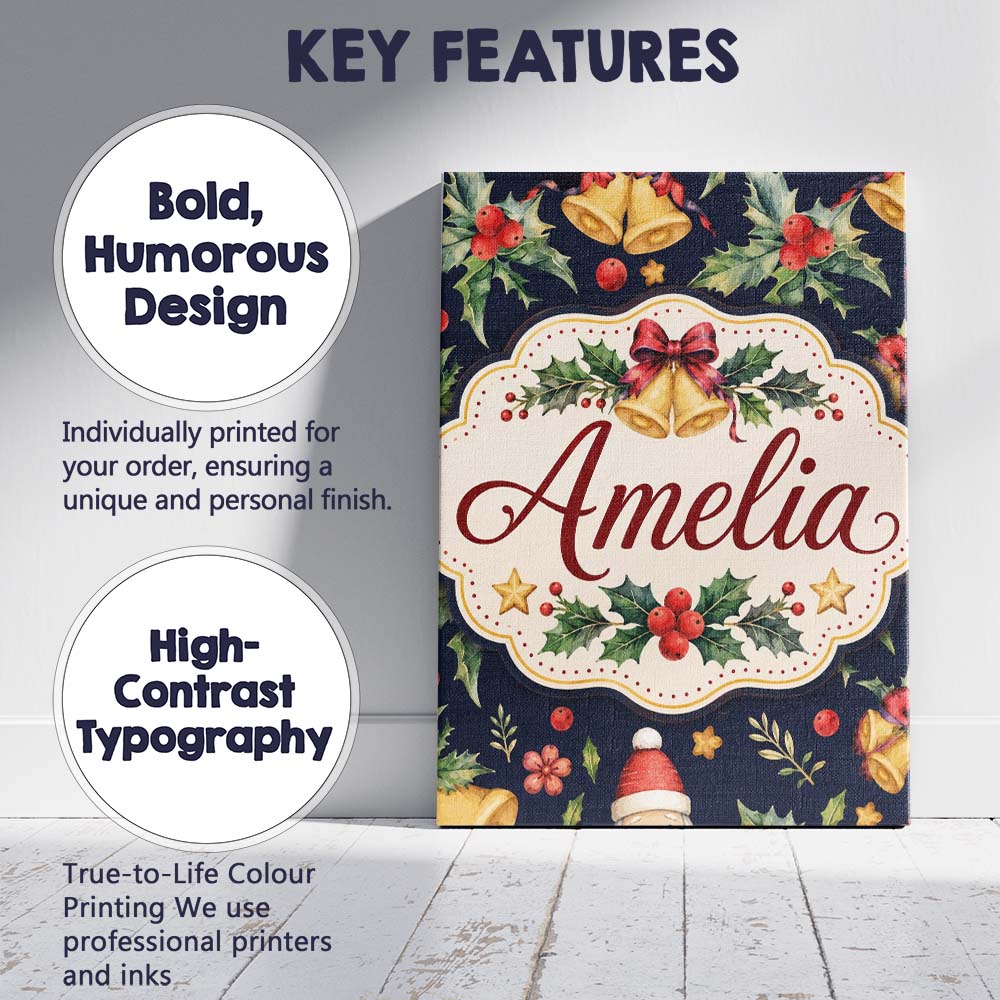 Personalised Name Christmas Bells Holly Custom  Modern Room Accent Elegant Feature Canvas Wall Art Print Decor Picture Ready to Hang