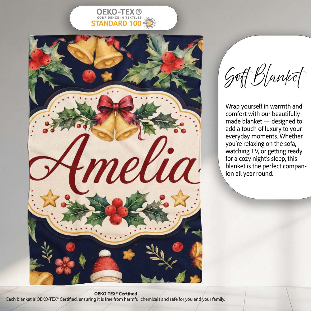 Christmas Bells Holly Leaves Gift Boxes Festive Dark Seamless Lovely  Personalised Custom Name Super Soft Fleece Blanket Bed Sofa Throw