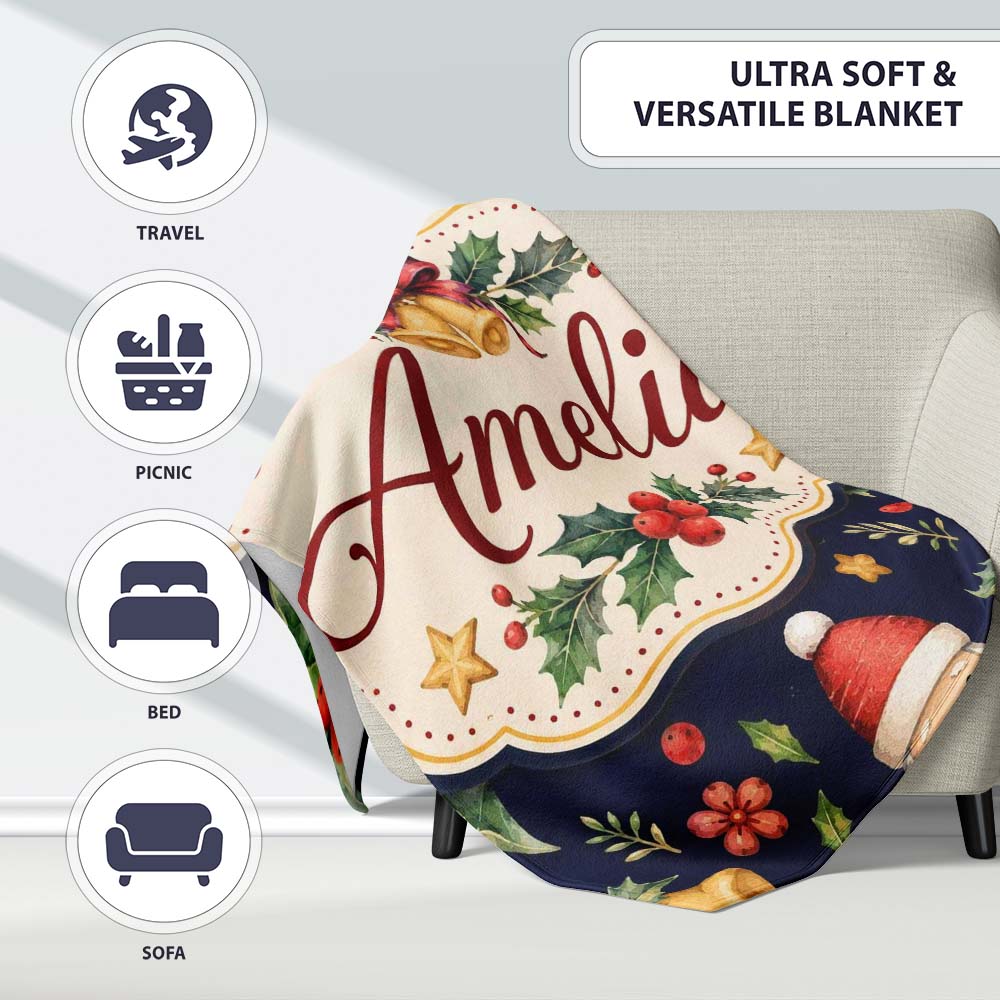 Christmas Bells Holly Leaves Gift Boxes Festive Dark Seamless Lovely  Personalised Custom Name Super Soft Fleece Blanket Bed Sofa Throw