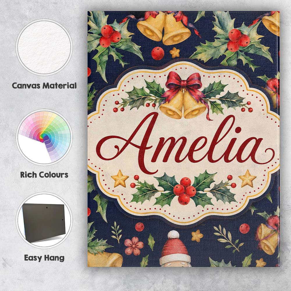 Personalised Name Christmas Bells Holly Custom  Modern Room Accent Elegant Feature Canvas Wall Art Print Decor Picture Ready to Hang