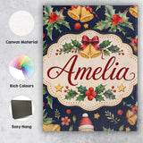 Personalised Name Christmas Bells Holly Custom  Modern Room Accent Elegant Feature Canvas Wall Art Print Decor Picture Ready to Hang