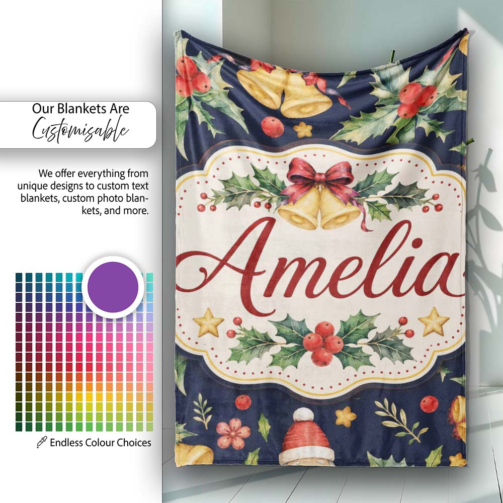 Christmas Bells Holly Leaves Gift Boxes Festive Dark Seamless Lovely  Personalised Custom Name Super Soft Fleece Blanket Bed Sofa Throw