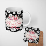Personalized Custom Name Monochrome Daisy Flower Pattern Black Background Seamless Pattern 11oz Ceramic Coffee Tea Mug White Large Handle