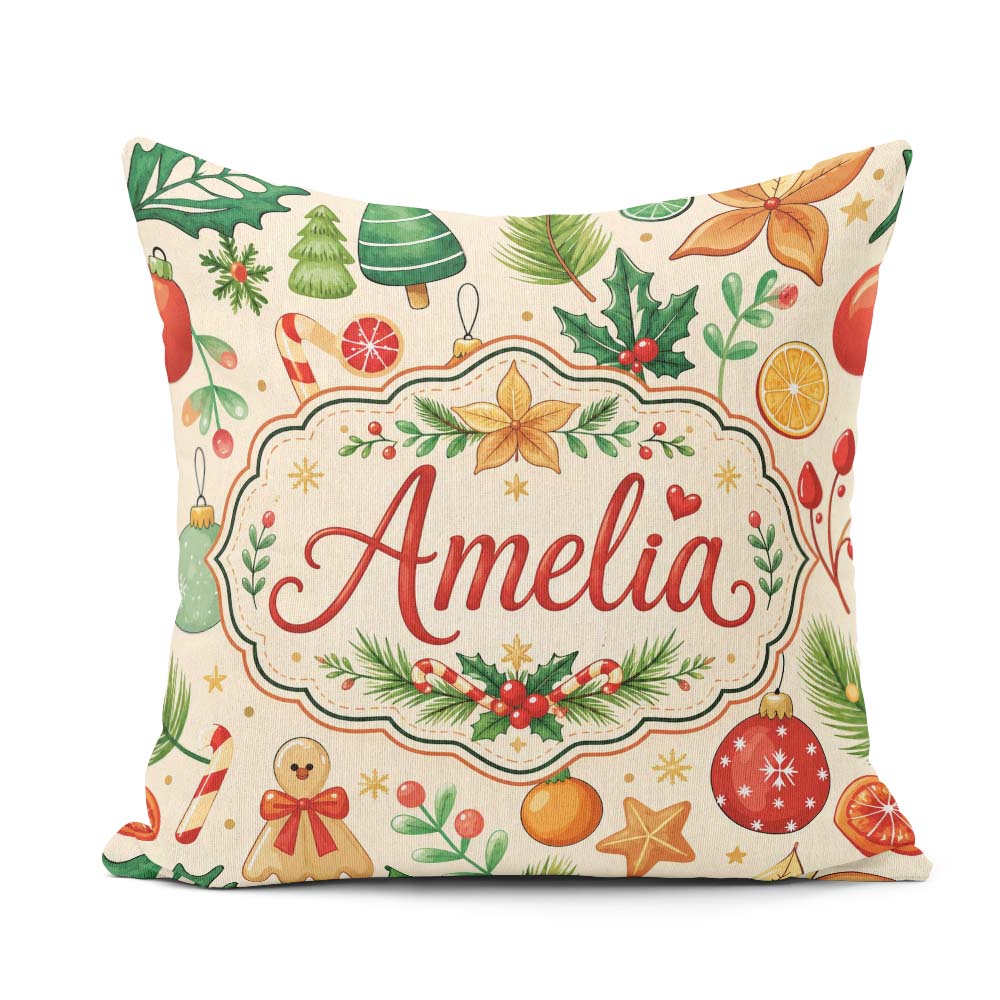 Custom Name Christmas Ornaments Candy Cane Citrus Leaves Festive Square Filled Cushion Throw Pillow Sofa Bed Home Decor Zip Washable UK Made