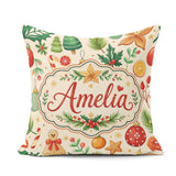 Custom Name Christmas Ornaments Candy Cane Citrus Leaves Festive Square Filled Cushion Throw Pillow Sofa Bed Home Decor Zip Washable UK Made