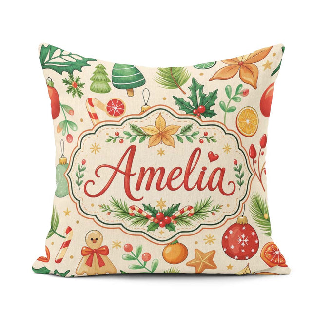 Custom Name Christmas Ornaments Candy Cane Citrus Leaves Festive Square Filled Cushion Throw Pillow Sofa Bed Home Decor Zip Washable UK Made