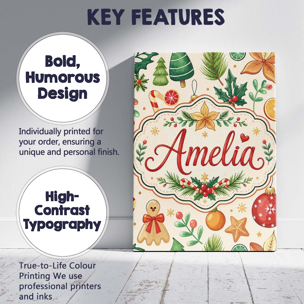 Personalised Name Cute Christmas Ornaments Custom  Unique Gift Idea Elegant Feature Canvas Wall Art Print Decor Picture Ready to Hang
