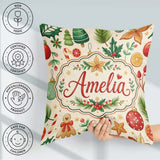 Custom Name Christmas Ornaments Candy Cane Citrus Leaves Festive Square Filled Cushion Throw Pillow Sofa Bed Home Decor Zip Washable UK Made