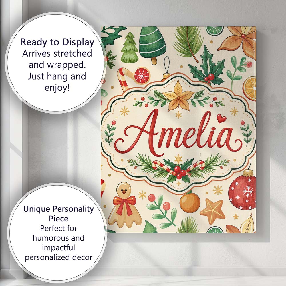 Personalised Name Cute Christmas Ornaments Custom  Unique Gift Idea Elegant Feature Canvas Wall Art Print Decor Picture Ready to Hang