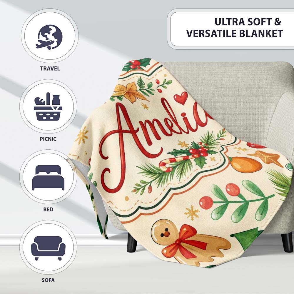 Cute Christmas Ornaments Candy Cane Citrus Leaves Festive Seamless  Personalised Custom Name Super Soft Fleece Blanket Bed Sofa Throw