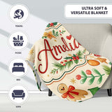 Cute Christmas Ornaments Candy Cane Citrus Leaves Festive Seamless  Personalised Custom Name Super Soft Fleece Blanket Bed Sofa Throw