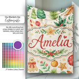 Cute Christmas Ornaments Candy Cane Citrus Leaves Festive Seamless  Personalised Custom Name Super Soft Fleece Blanket Bed Sofa Throw