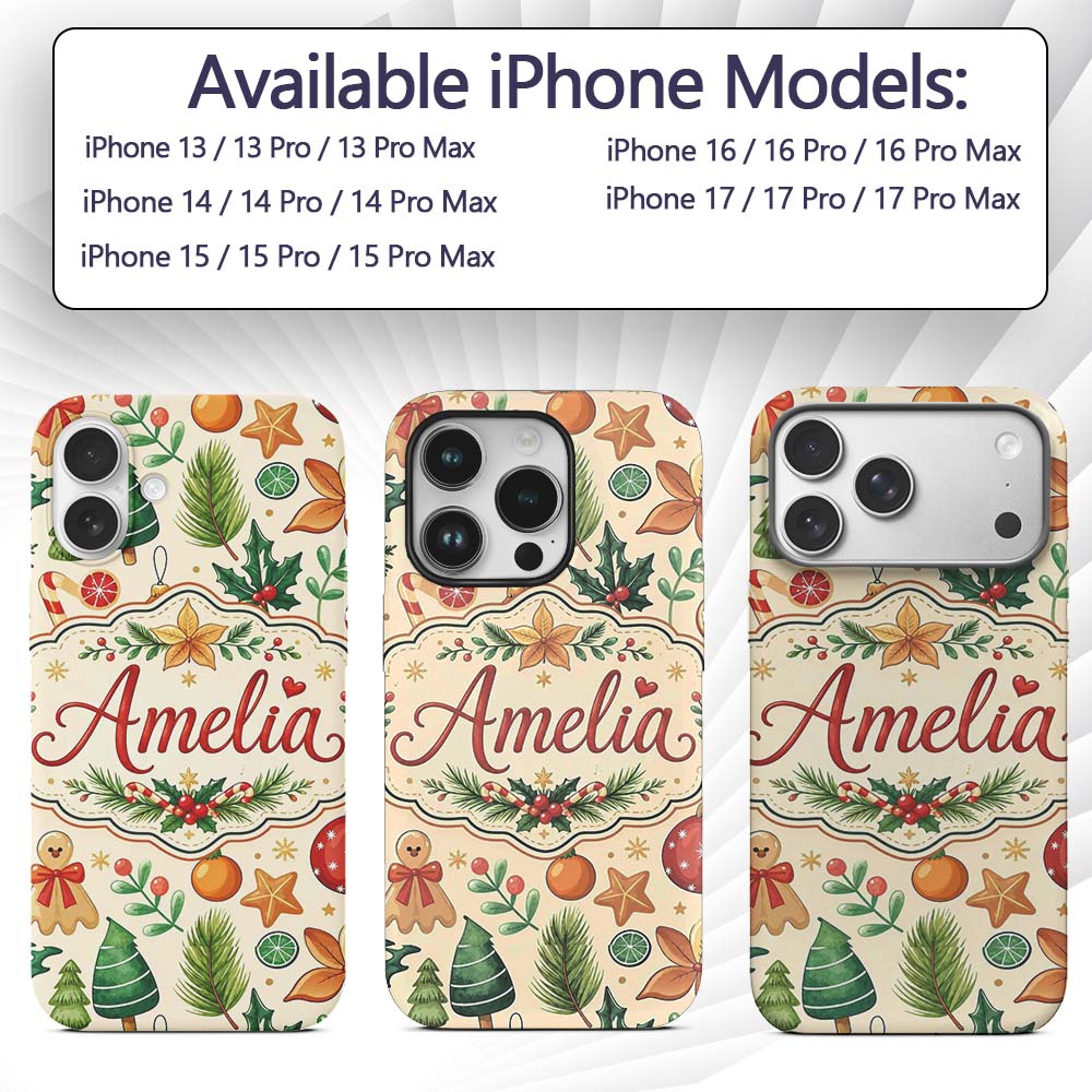 Cute Christmas Ornaments Candy Cane Citrus Leaves Custom Name Protective Phone Case Mobile Cover Durable Everyday Smartphone Shock Resistant