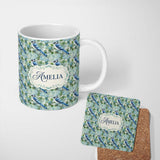 Personalized Custom Name Blue Jay Bird Watercolor Blossom Seamless Pattern Light Spring 11oz Ceramic Coffee Tea Mug White Large Handle