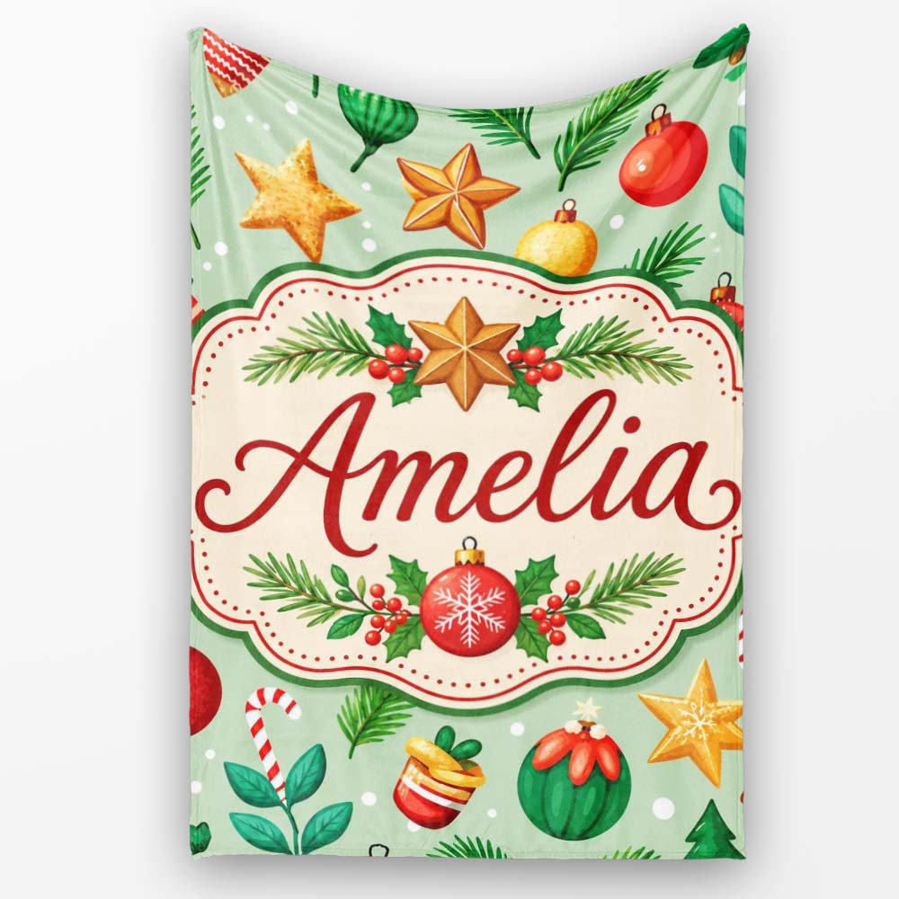 Colorful Christmas Baubles Stars Pine Branches Festive Seamless  Personalised Custom Name Super Soft Fleece Blanket Bed Sofa Throw