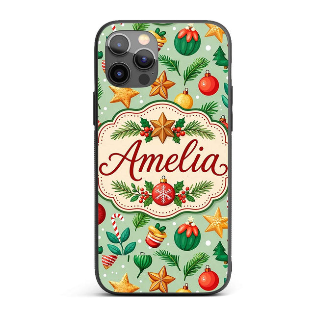 Colorful Christmas Baubles Stars Pine Branches Custom Name Protective Phone Case Mobile Cover Durable Everyday Smartphone Shock Resistant