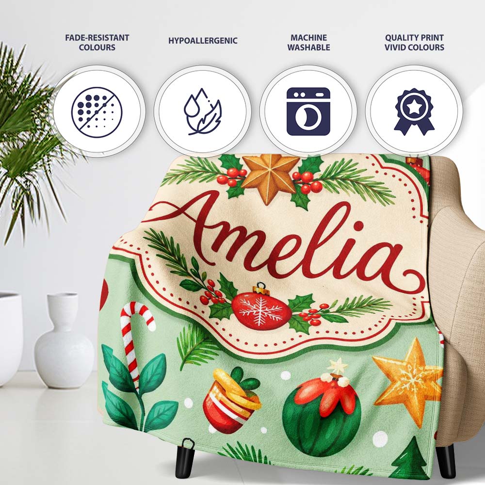 Colorful Christmas Baubles Stars Pine Branches Festive Seamless  Personalised Custom Name Super Soft Fleece Blanket Bed Sofa Throw