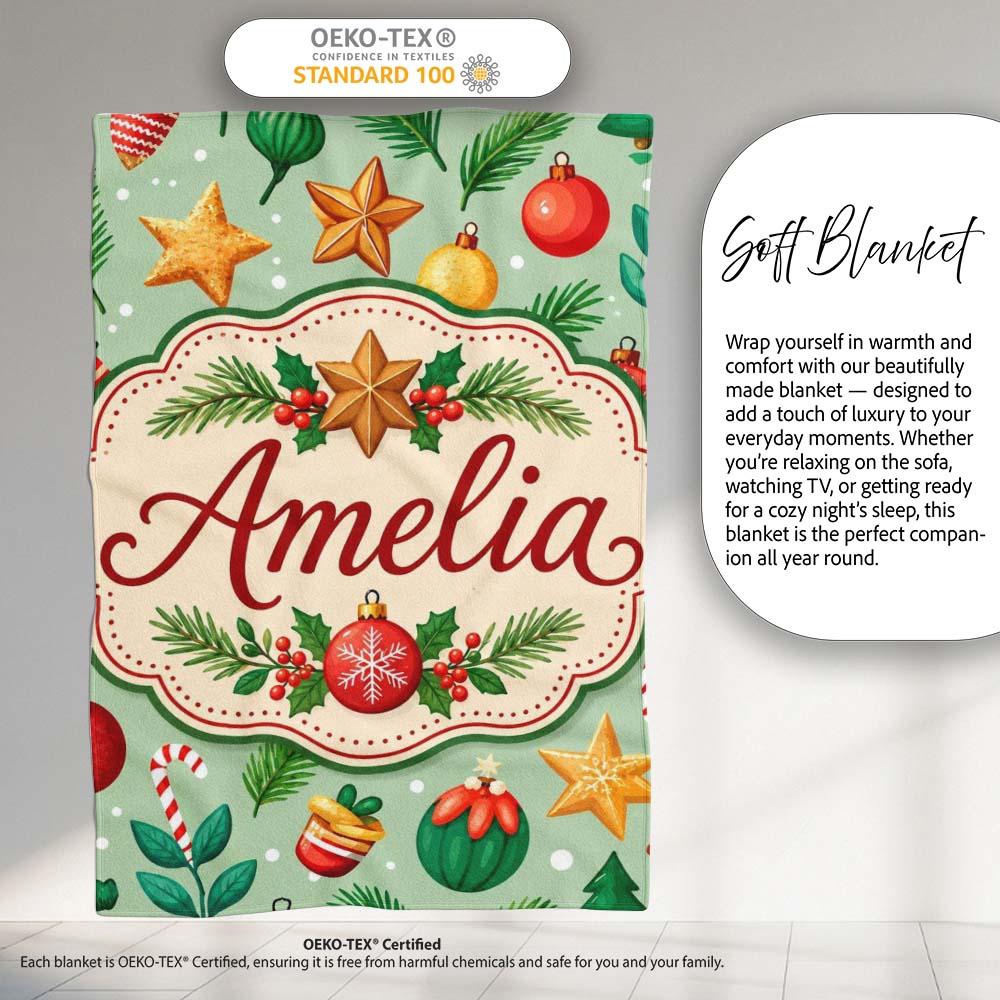 Colorful Christmas Baubles Stars Pine Branches Festive Seamless  Personalised Custom Name Super Soft Fleece Blanket Bed Sofa Throw