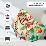 Colorful Christmas Baubles Stars Pine Branches Festive Seamless  Personalised Custom Name Super Soft Fleece Blanket Bed Sofa Throw
