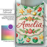 Colorful Christmas Baubles Stars Pine Branches Festive Seamless  Personalised Custom Name Super Soft Fleece Blanket Bed Sofa Throw