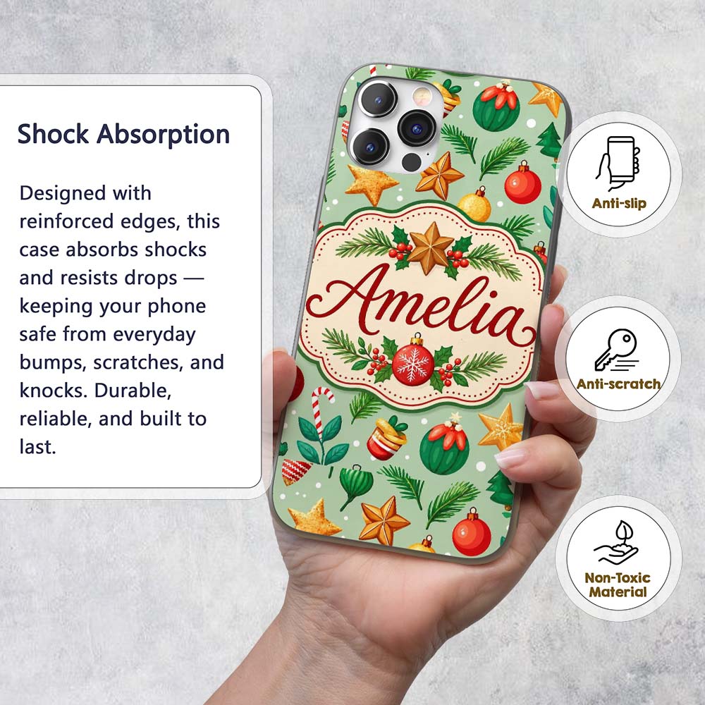 Colorful Christmas Baubles Stars Pine Branches Custom Name Protective Phone Case Mobile Cover Durable Everyday Smartphone Shock Resistant