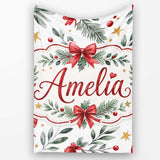 Elegant Christmas Bows Holly Leaves Stars Festive Seamless Pattern  Personalised Custom Name Super Soft Fleece Blanket Bed Sofa Throw