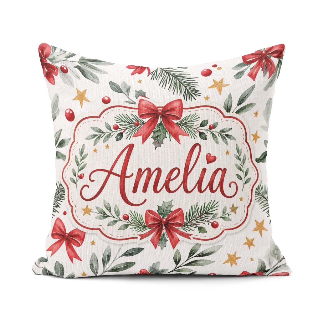 Custom Name Elegant Christmas Bows Holly Leaves Festive Seamless Square Filled Cushion Throw Pillow Sofa Bed Home Decor Zip Washable UK Made