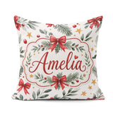 Custom Name Elegant Christmas Bows Holly Leaves Festive Seamless Square Filled Cushion Throw Pillow Sofa Bed Home Decor Zip Washable UK Made
