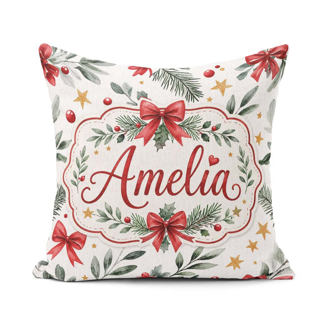 Custom Name Elegant Christmas Bows Holly Leaves Festive Seamless Square Filled Cushion Throw Pillow Sofa Bed Home Decor Zip Washable UK Made