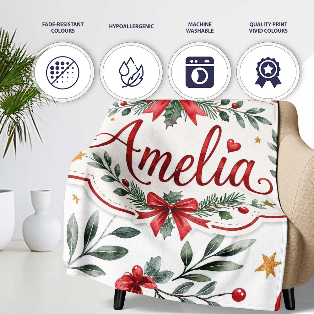 Elegant Christmas Bows Holly Leaves Stars Festive Seamless Pattern  Personalised Custom Name Super Soft Fleece Blanket Bed Sofa Throw