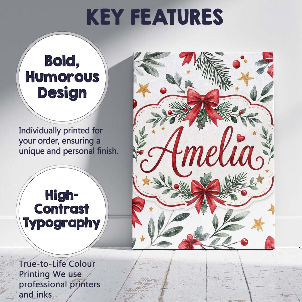 Personalised Name Elegant Christmas Bows Custom  Interior Decorative Contemporary Canvas Wall Art Print Decor Picture Ready to Hang