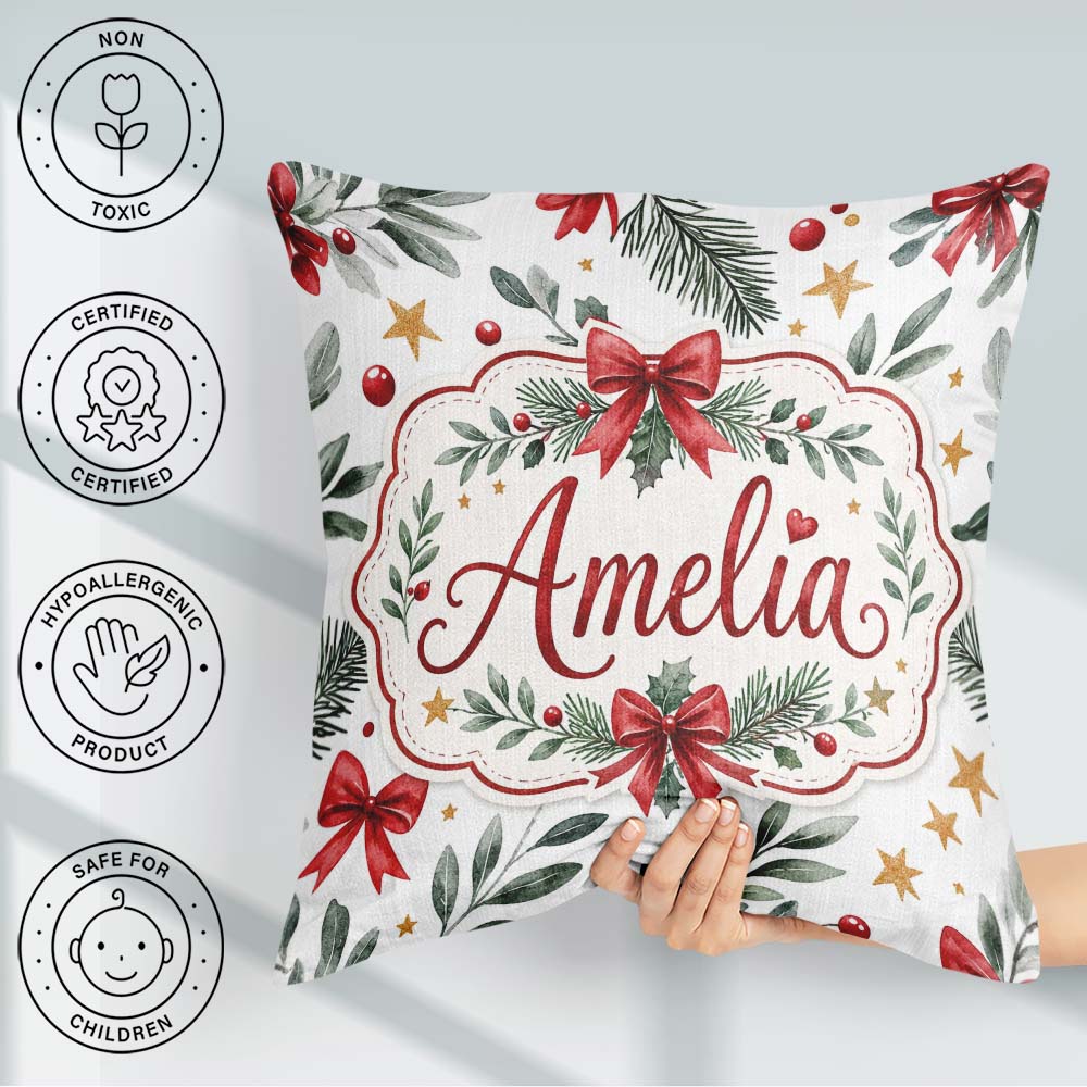 Custom Name Elegant Christmas Bows Holly Leaves Festive Seamless Square Filled Cushion Throw Pillow Sofa Bed Home Decor Zip Washable UK Made