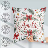 Custom Name Elegant Christmas Bows Holly Leaves Festive Seamless Square Filled Cushion Throw Pillow Sofa Bed Home Decor Zip Washable UK Made