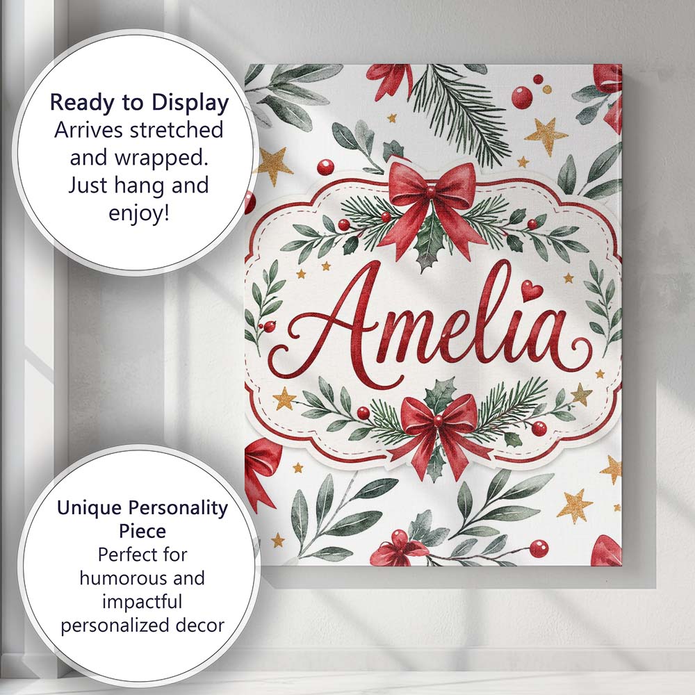 Personalised Name Elegant Christmas Bows Custom  Interior Decorative Contemporary Canvas Wall Art Print Decor Picture Ready to Hang