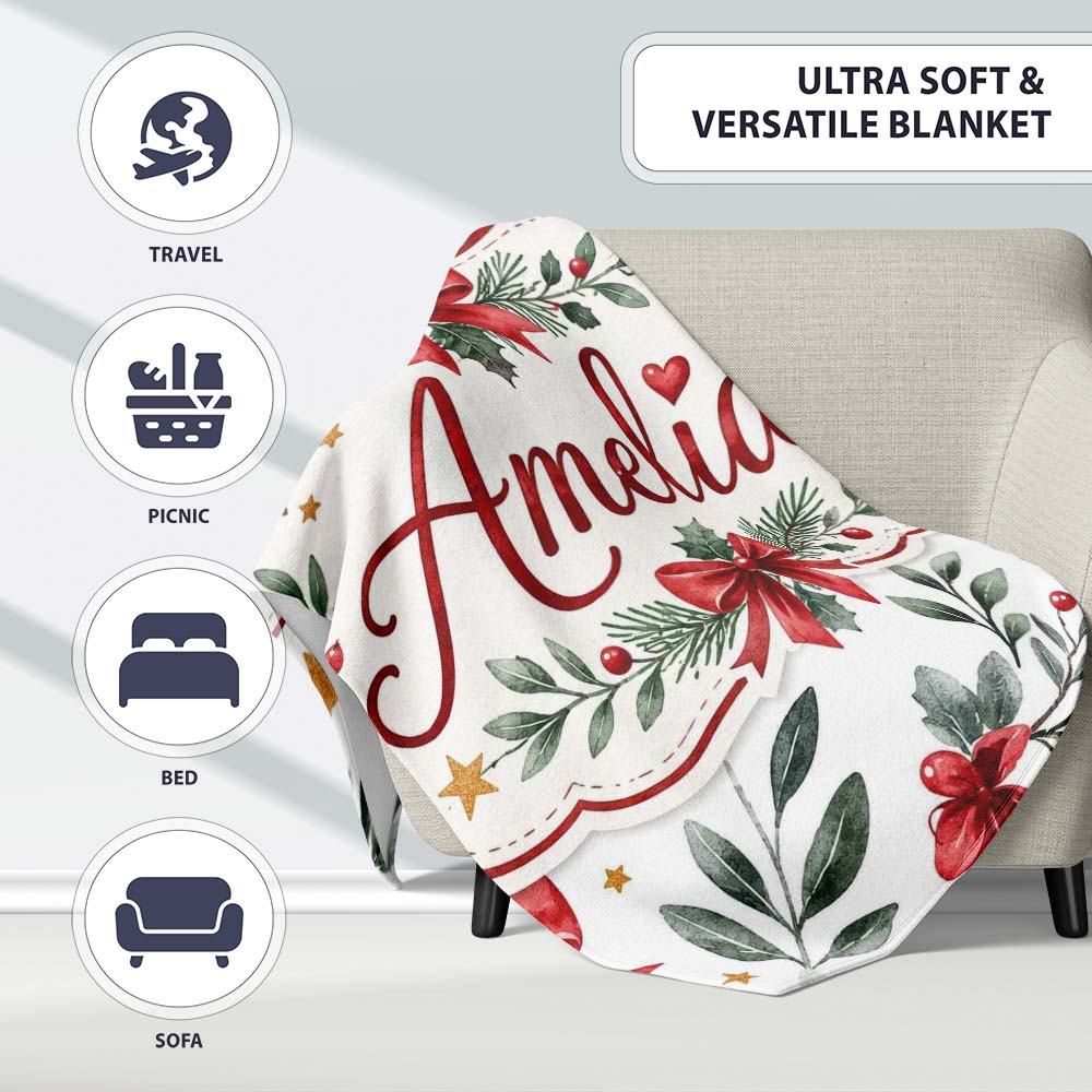 Elegant Christmas Bows Holly Leaves Stars Festive Seamless Pattern  Personalised Custom Name Super Soft Fleece Blanket Bed Sofa Throw
