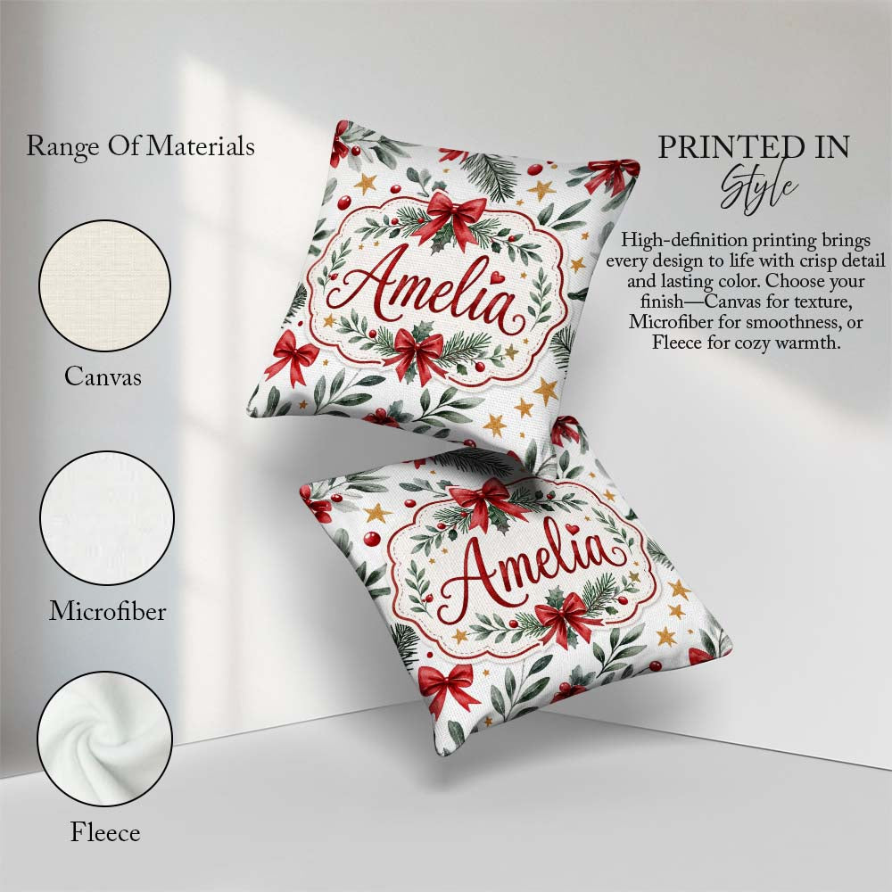 Custom Name Elegant Christmas Bows Holly Leaves Festive Seamless Square Filled Cushion Throw Pillow Sofa Bed Home Decor Zip Washable UK Made