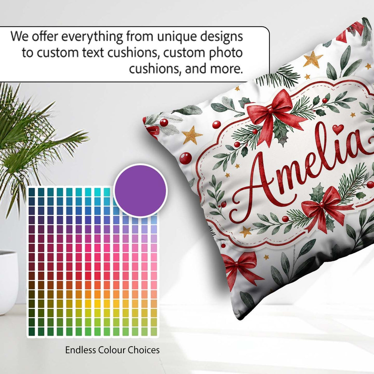 Custom Name Elegant Christmas Bows Holly Leaves Festive Seamless Square Filled Cushion Throw Pillow Sofa Bed Home Decor Zip Washable UK Made