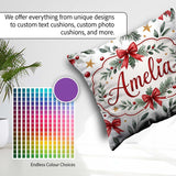 Custom Name Elegant Christmas Bows Holly Leaves Festive Seamless Square Filled Cushion Throw Pillow Sofa Bed Home Decor Zip Washable UK Made
