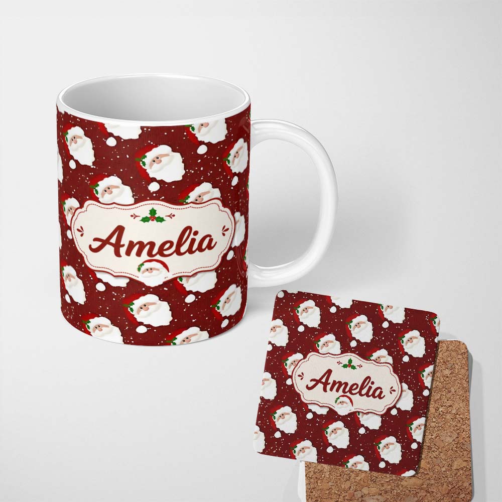 Personalized Custom Name Cute Santa Face Red Snow Background Christmas Seamless Pattern 11oz Ceramic Coffee Tea Mug White Large Handle
