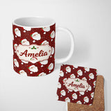 Personalized Custom Name Cute Santa Face Red Snow Background Christmas Seamless Pattern 11oz Ceramic Coffee Tea Mug White Large Handle
