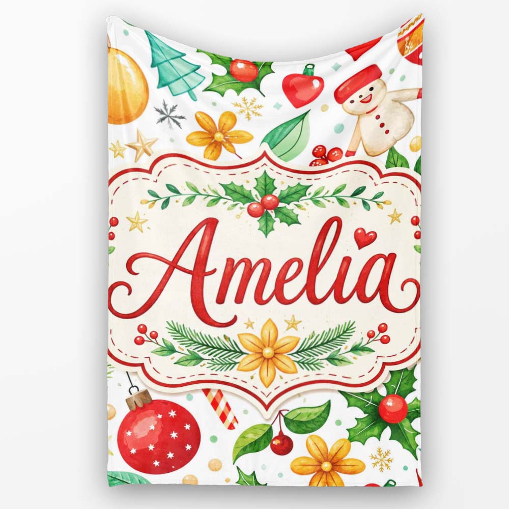 Cute Christmas Tree Snowman Candy Cane Baubles Seamless Pattern  Personalised Custom Name Super Soft Fleece Blanket Bed Sofa Throw