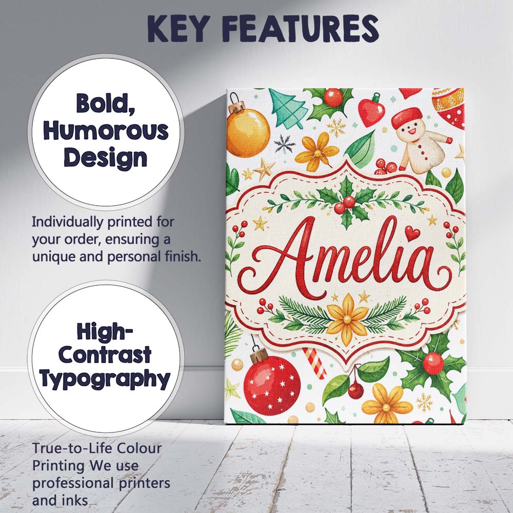 Personalised Name Cute Christmas Tree Custom Modern Room Accent Creative Decorator Style Canvas Wall Art Print Decor Picture Ready to Hang