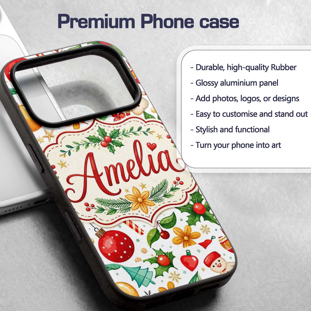 Cute Christmas Tree Snowman Candy Cane Baubles Custom Name Protective Phone Case Mobile Cover Durable Everyday Smartphone Shock Resistant