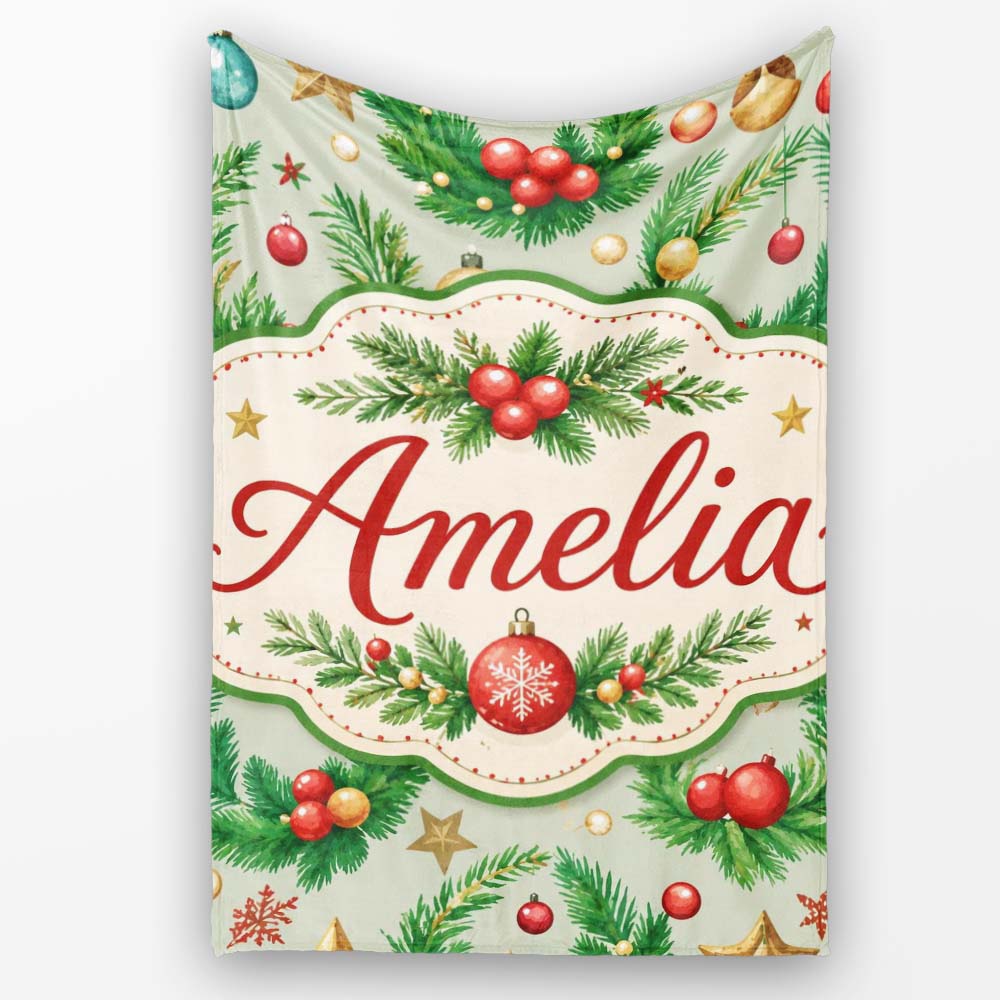 Watercolor Christmas Wreath Baubles Pine Branches Festive Seamless  Personalised Custom Name Super Soft Fleece Blanket Bed Sofa Throw