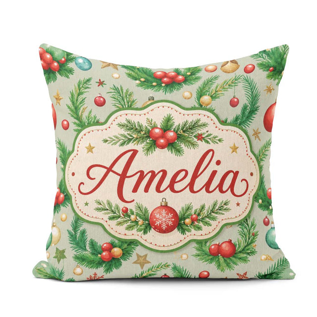 Custom Name Watercolor Christmas Wreath Baubles Branches Festive Square Filled Cushion Throw Pillow Sofa Bed Home Decor Zip Washable UK Made