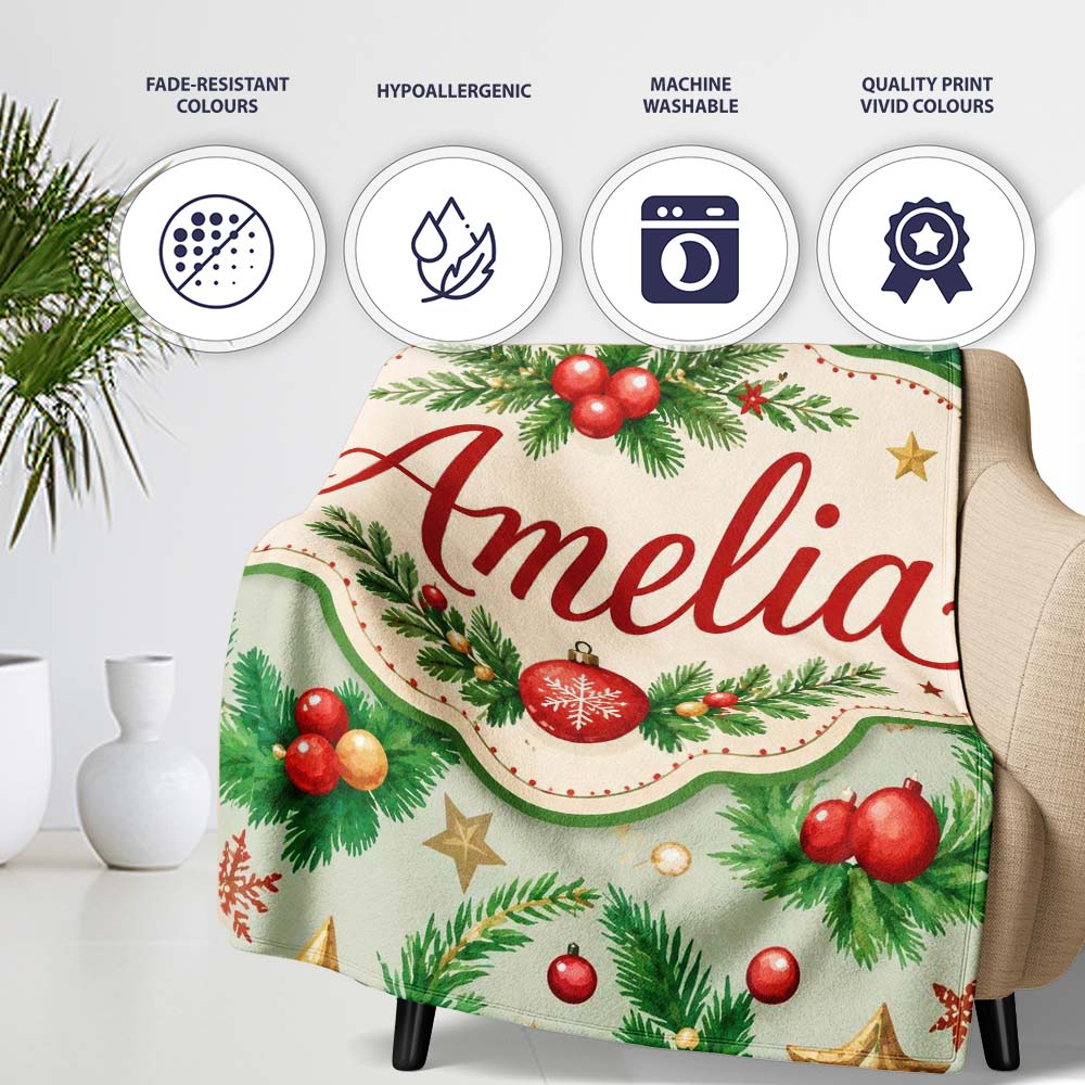 Watercolor Christmas Wreath Baubles Pine Branches Festive Seamless  Personalised Custom Name Super Soft Fleece Blanket Bed Sofa Throw