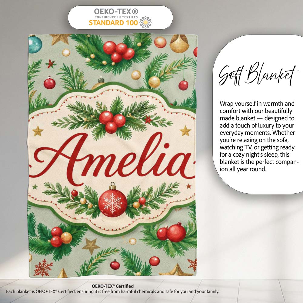 Watercolor Christmas Wreath Baubles Pine Branches Festive Seamless  Personalised Custom Name Super Soft Fleece Blanket Bed Sofa Throw